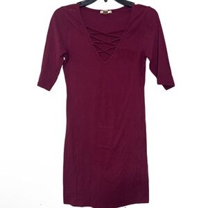 Bozzolo Red Sheath Soft Dress V-neck 1/2 Sleeve Tight Bodycon Mini - Size M